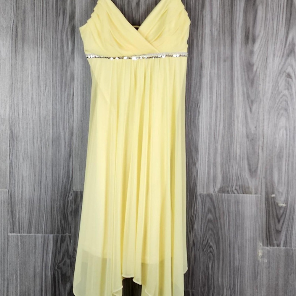 Mariposa Jody of Calif Yellow Chiffon Sequin Empire Waist Handkerchief Hem Dress